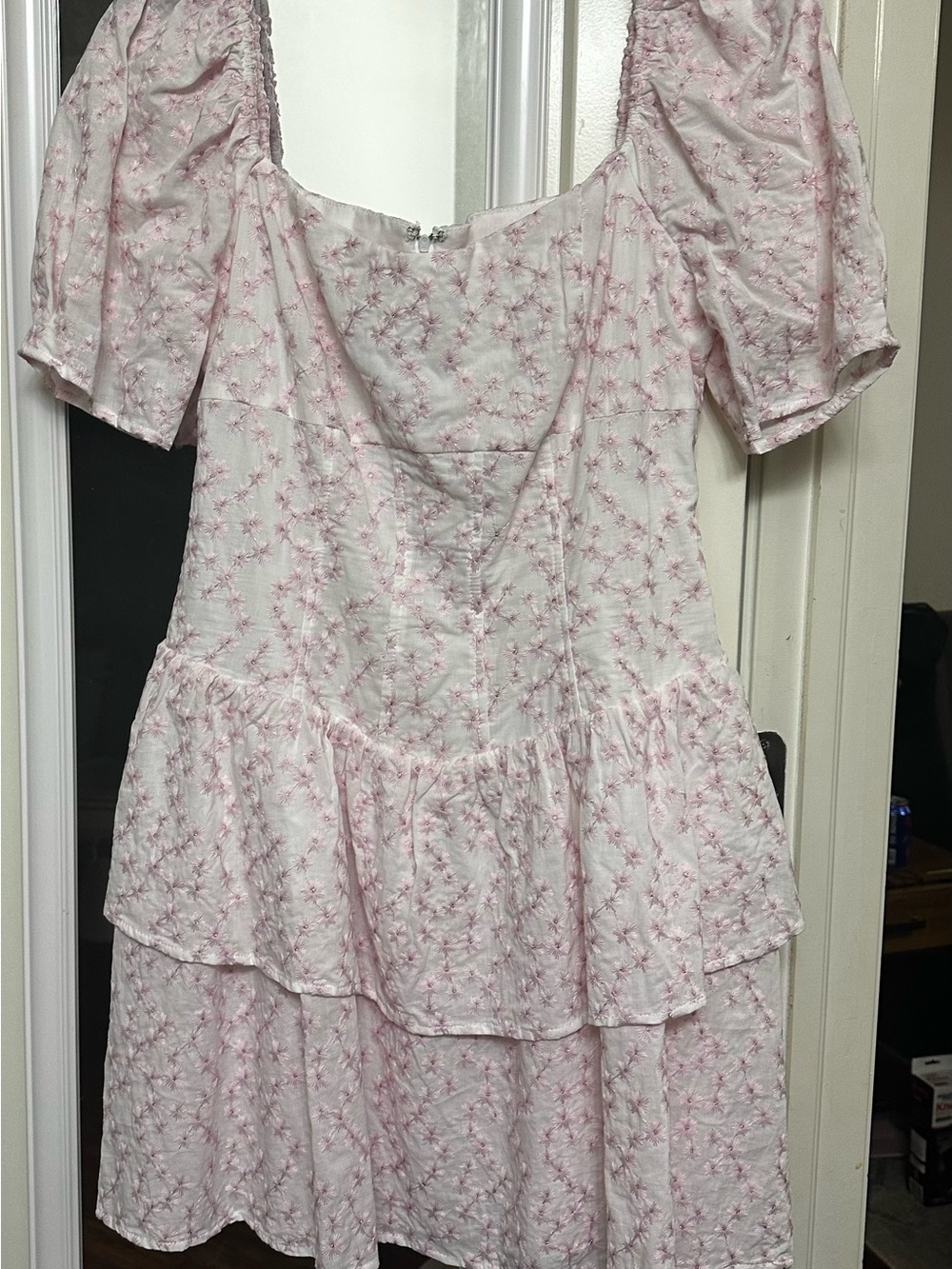 GB girls Pink Floral Tiered Puff-Sleeve Dress